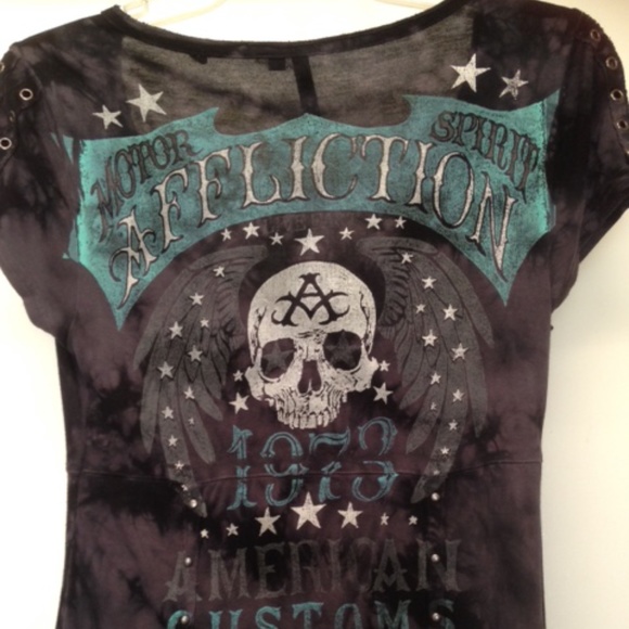 Affliction Black Premium V Neck Mini Dress Studs Rivets Stars - Picture 11 of 12